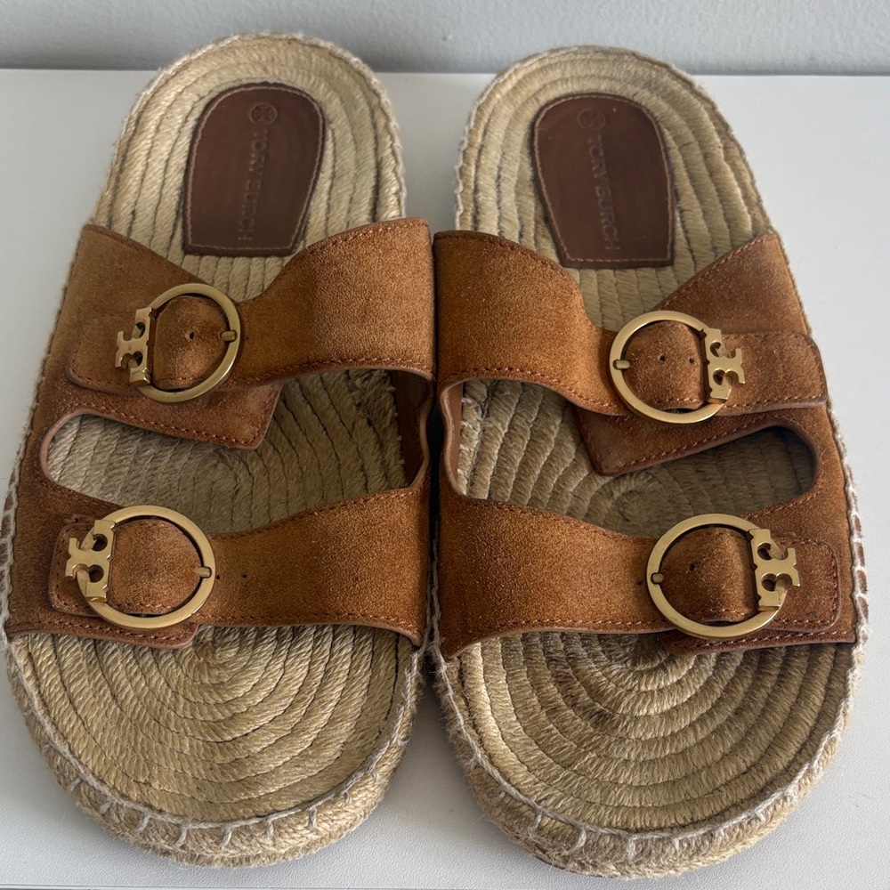 Tory Burch Leather Espadrille Slide Sandals Brown Double Strap Logo Size 9.5